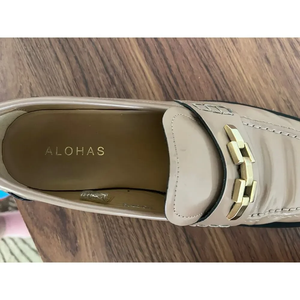 ALOHAS Beige Leather Gold Hardware Square Toe Loafers Collegiate sz EU41/US10